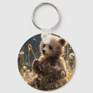 Bear Cub with Honey in a Wildflower Meadow Keychain
