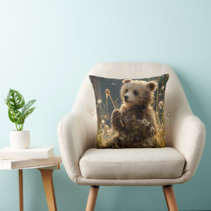 Bear Cub with Honey in a Wildflower Meadow Throw Pillow