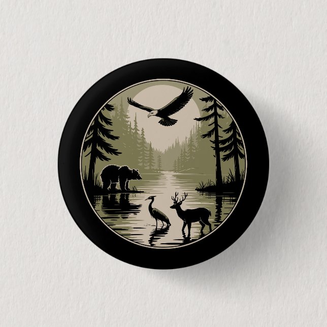 Bear Deer Eagle Moon Forest Silhouette 1 Inch Round Button (Front)