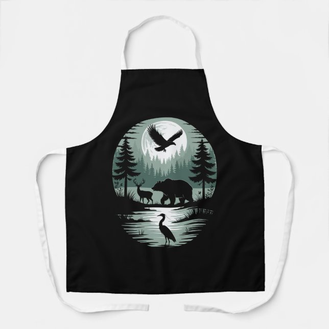 Bear Deer Eagle Moon Forest Silhouette Apron (Front)