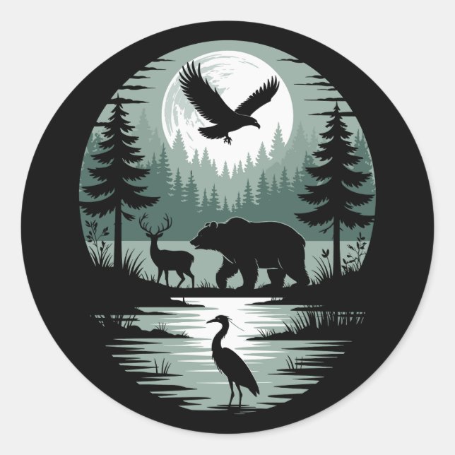 Bear Deer Eagle Moon Forest Silhouette Classic Round Sticker (Front)