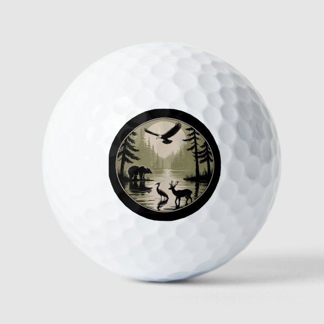 Bear Deer Eagle Moon Forest Silhouette Golf Balls (Front)