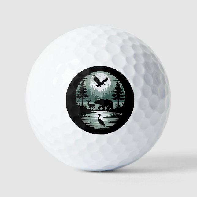Bear Deer Eagle Moon Forest Silhouette Golf Balls (Front)