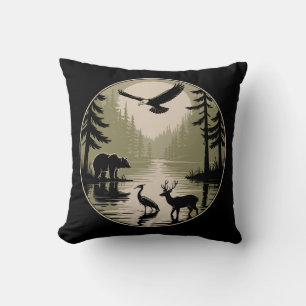 Bear Deer Eagle Moon Forest Silhouette Throw Pillow