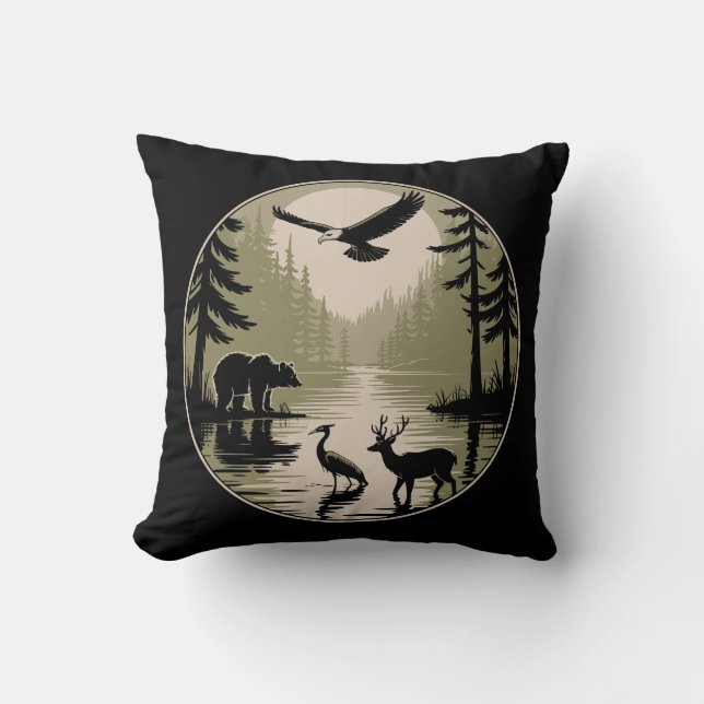 Bear Deer Eagle Moon Forest Silhouette Throw Pillow (Front)