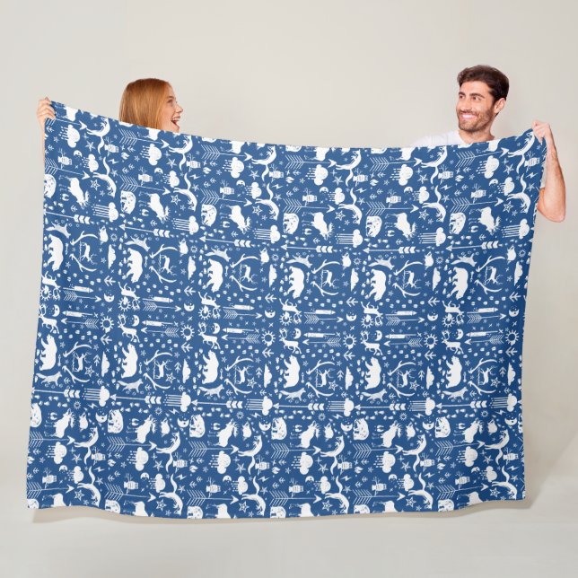 Bear Deer Fox Raccoon Folk Art Pattern Fleece Blanket (In Situ)