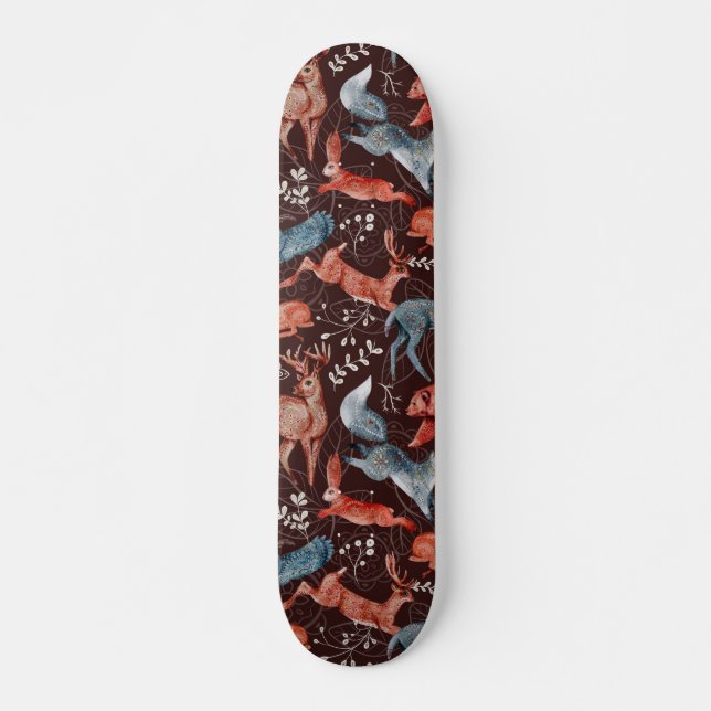 Bear, deer, owl, fox and hare Pattern Skateboard (Front)