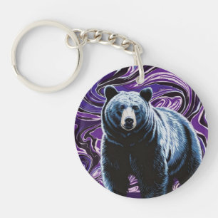 Bear Design Acrylic Keychain Round Purple Blue