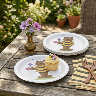 Bear Dressed as Bumblebee with Flowers Paper Plate