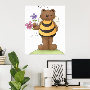 Bear Dressed as Bumblebee with Flowers Poster