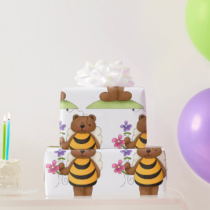Bear Dressed as Bumblebee with Flowers Wrapping Paper