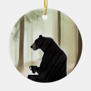 Bear Drinking Coffee in the Woods  Ceramic Ornament
