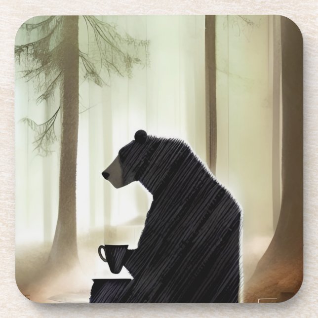 Bear Drinking Coffee in the Woods Coaster (Front)