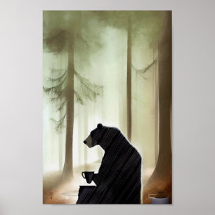 Bear Drinking Coffee in the Woods  Poster