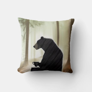 Bear Drinking Coffee in the Woods Throw Pillow