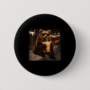 Bear Drinking Iced Coffee Funny Animal Meme Men Wo 2 Inch Round Button