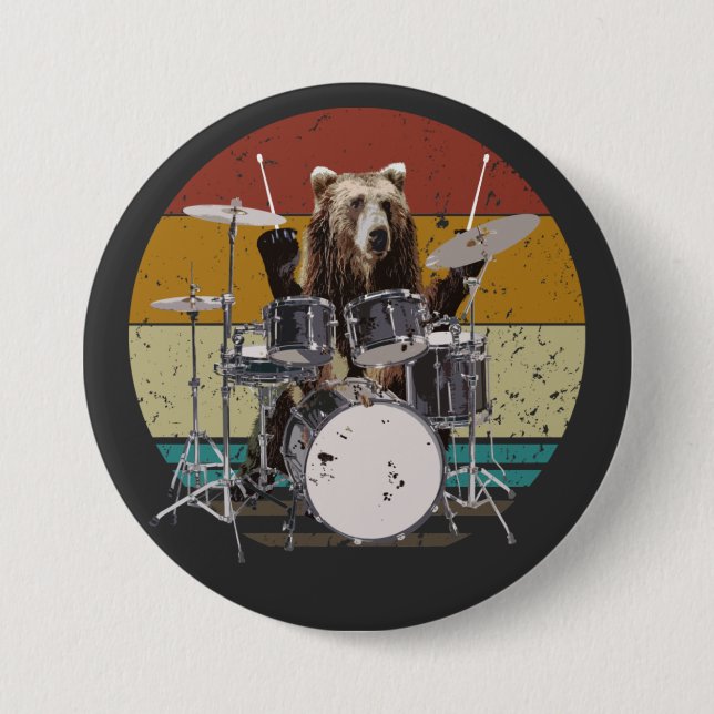 Bear Drummer Playing Drums Round 3 Inch Round Button (Front)