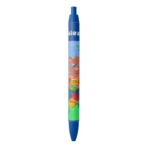 Bear eating honey kid personalized blue pen