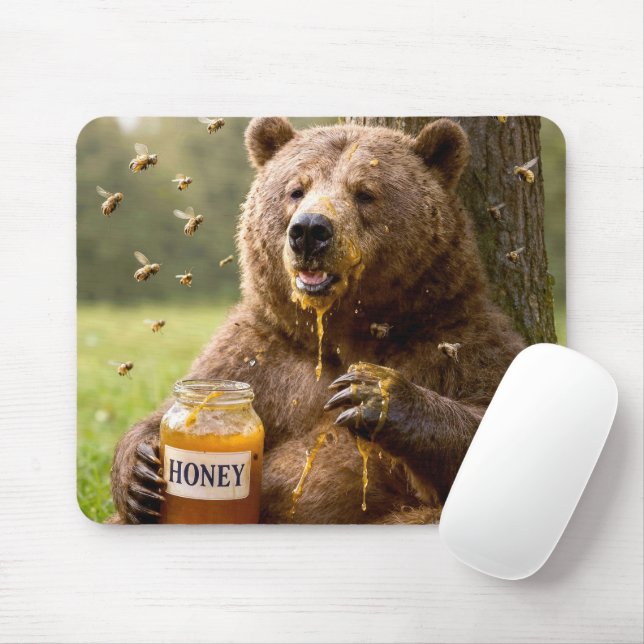 Bear Eating Honey Out of a Jar Mouse Pad (With Mouse)
