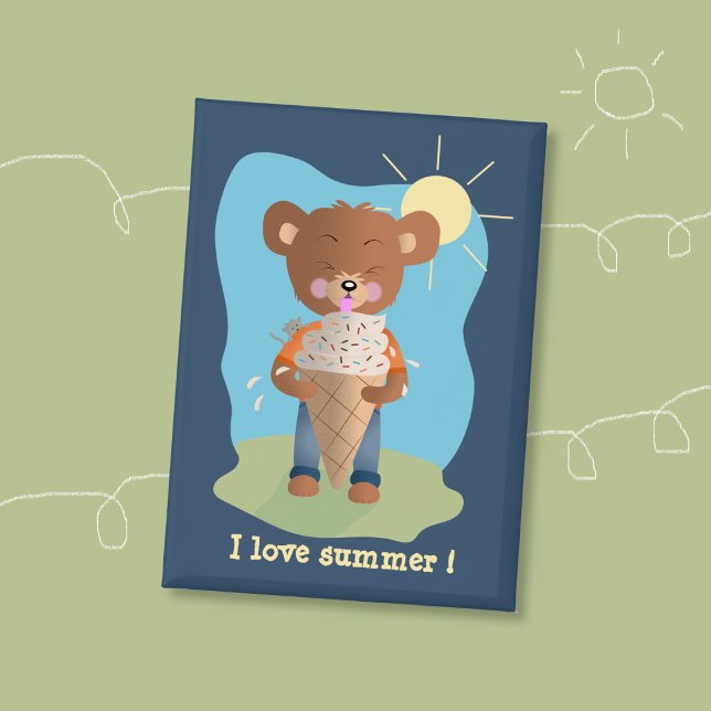 Bear Eating Ice Cream Rectangular Pin Button (Brown bear eating an ice cream cone summer blue rectangular button .)