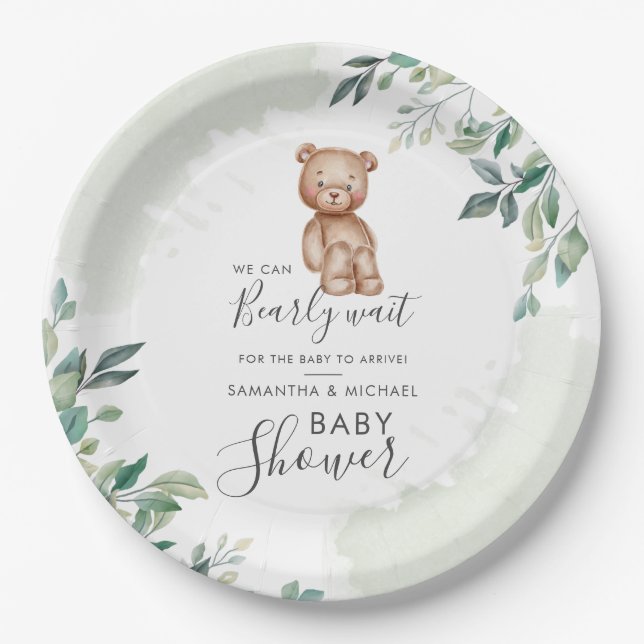 Bear Eucalyptus Leaves Couples Baby Shower Paper Plate (Front)