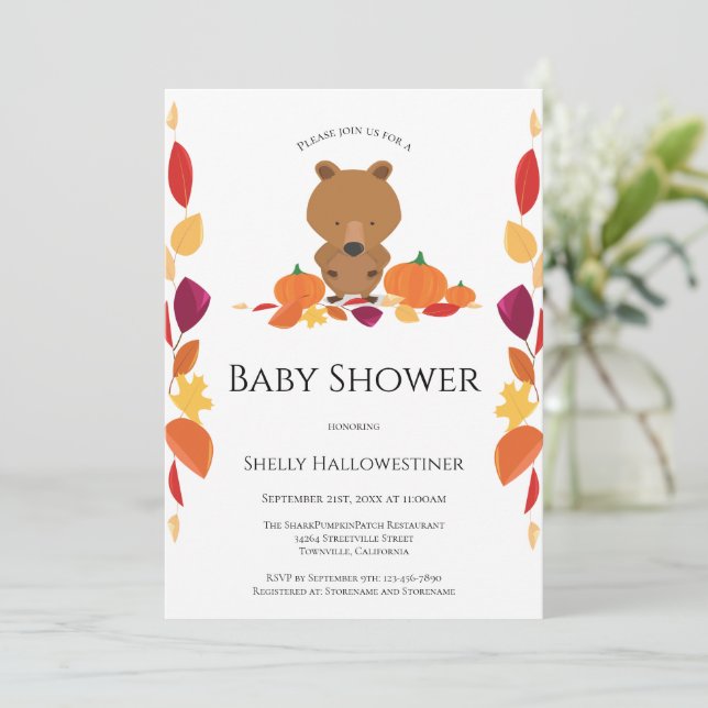  Bear Fall Pumpkin Baby Shower Invitation (Standing Front)