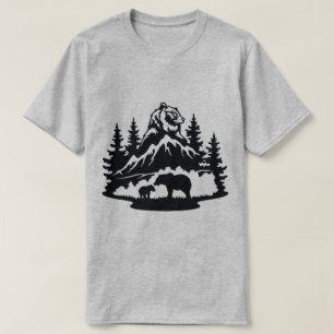 Bear Family Among Pine Trees and Mountains  T-Shirt