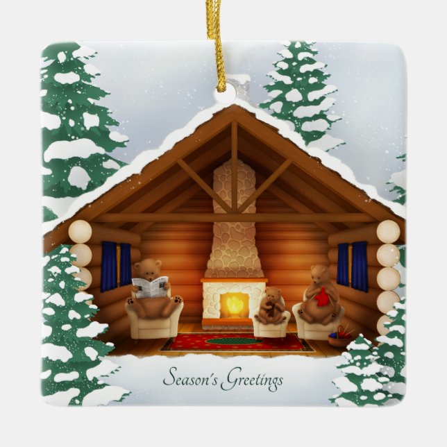 Bear Family At Home Cozy Log Cabin Personalized Ceramic Ornament (Front)