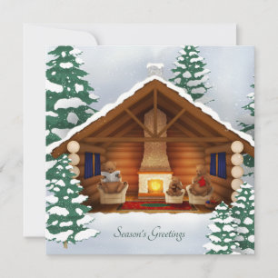 Bear Family At Home Cozy Log Cabin Personalized Holiday Card
