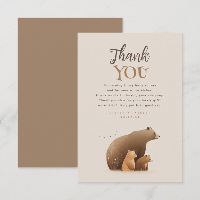 Bear Family Elegant Brown Baby Shower Thank You (Front/Back)