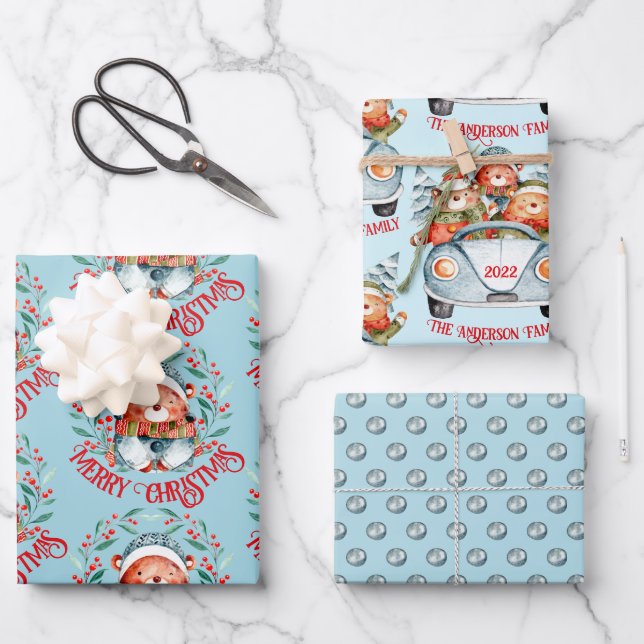 Bear family Merry Christmas blue red Wrapping Paper Sheet (Front)