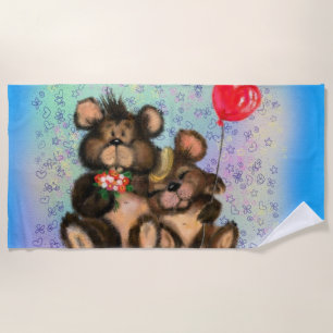 Bear Family with Heart Balloon Beach Towel