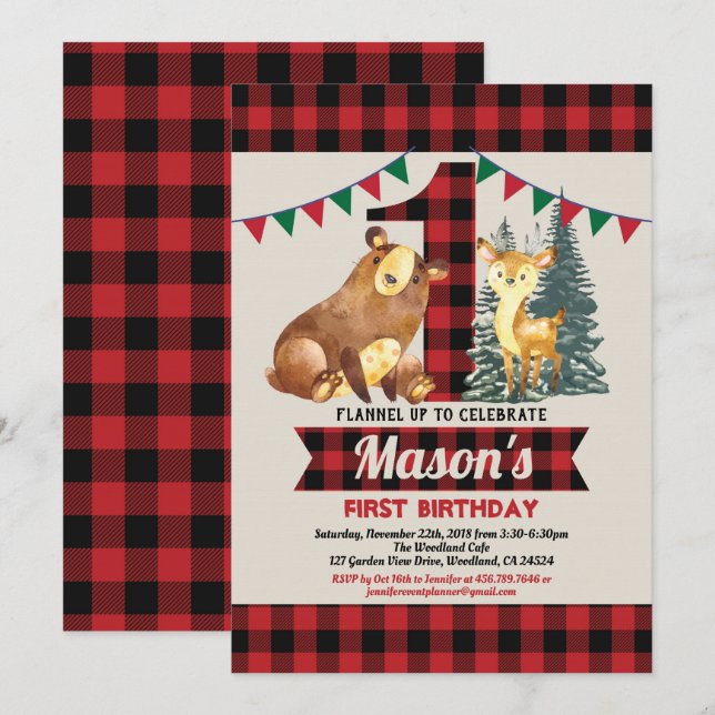 Bear first birthday buffalo red flannel lumberjack invitation (Front/Back)