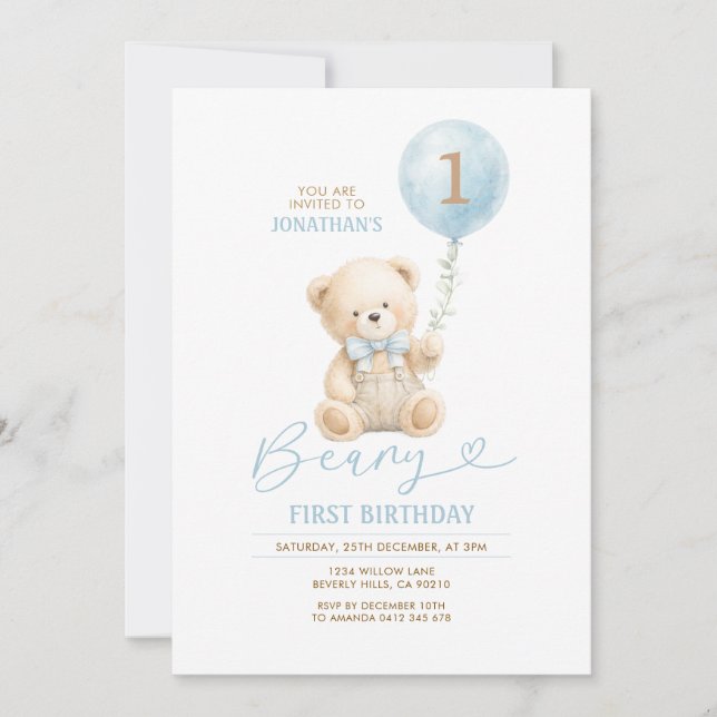 Bear First Birthday Invitation Boy Blue Balloon (Front)