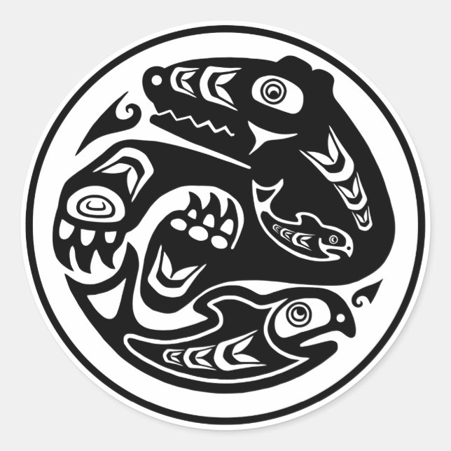 Bear & Fish Native American Design Classic Round Sticker (Front)