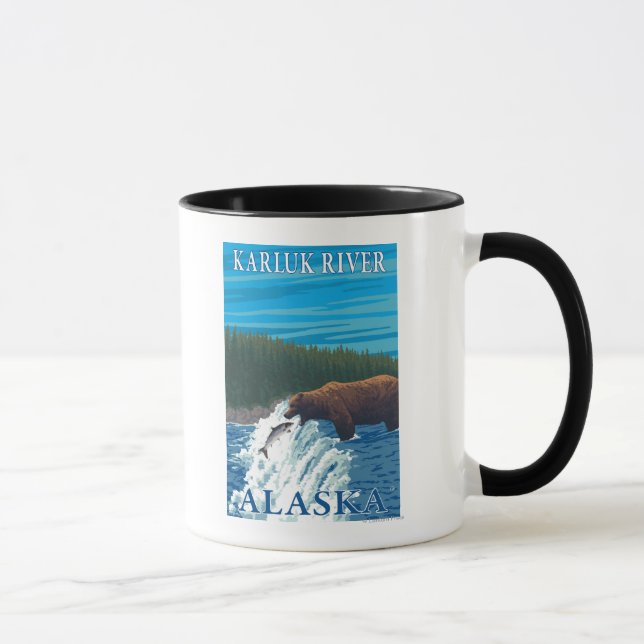Bear Fishing in River - Karluk River, Alaska Mug (Right)