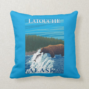 Bear Fishing in River - Latouche, Alaska Throw Pillow