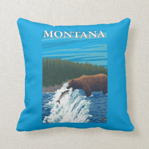 Bear Fishing in River - Montana Throw Pillow