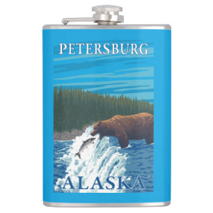 Bear Fishing in River - Petersburg, Alaska Hip Flask