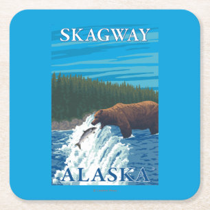 Bear Fishing in River - Skagway, Alaska Square Paper Coaster