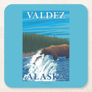 Bear Fishing in River - Valdez, Alaska Square Paper Coaster