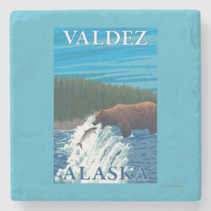 Bear Fishing in River - Valdez, Alaska Stone Coaster