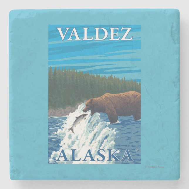 Bear Fishing in River - Valdez, Alaska Stone Coaster (Front)