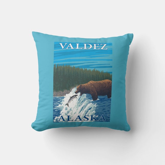 Bear Fishing in River - Valdez, Alaska Throw Pillow (Front)