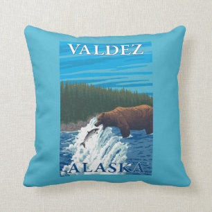 Bear Fishing in River - Valdez, Alaska Throw Pillow
