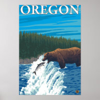 Bear Fishing in River- Vintage Travel Poster