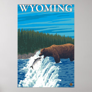 Bear Fishing in River - Wyoming Poster