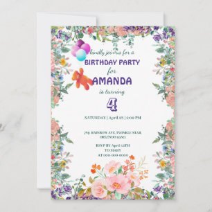 Bear float Balloon gradient floral Birthday Party  Invitation