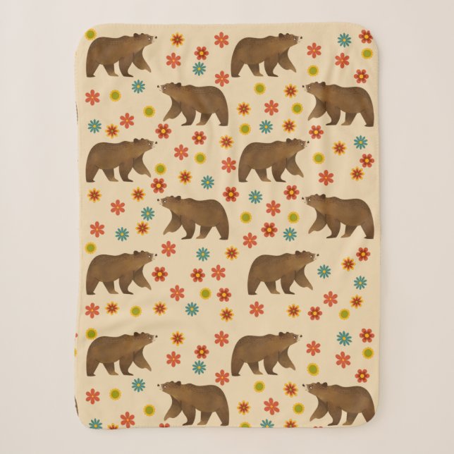 Bear Floral Pattern Sherpa Blanket (Front)
