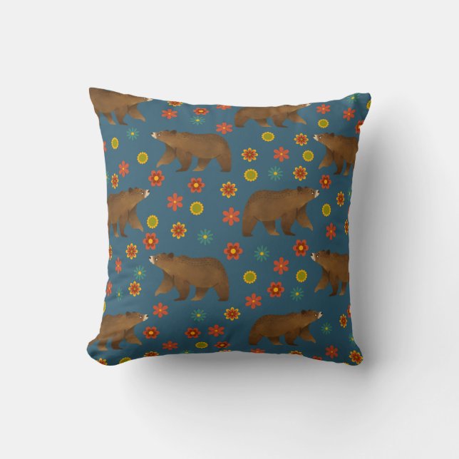Bear Floral Pattern Throw Pillow (Front)